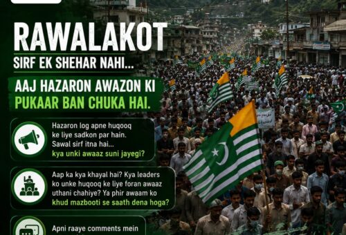 Thousands of protesters marching through Rawalakot carrying Kashmir flags