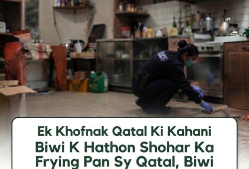 Police officer examining a kitchen crime scene with a frying pan marked as evidence in Alexandria, Egypt