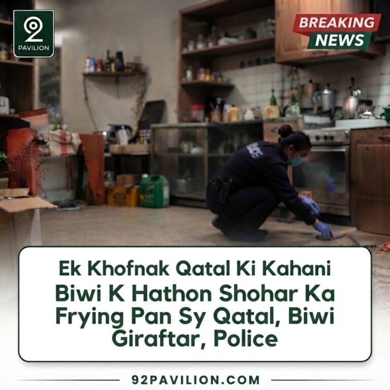 Police officer examining a kitchen crime scene with a frying pan marked as evidence in Alexandria, Egypt