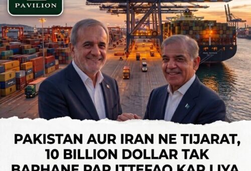 Leaders of Pakistan and Iran shaking hands at a port with cargo ships in the background