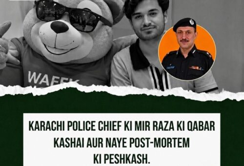 Mir Raza Ali with the Wafflix mascot alongside Karachi Police Chief Azad Khan