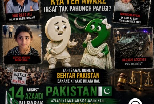 92 Pavilion mascots holding the Pakistan flag for an Independence Day justice message