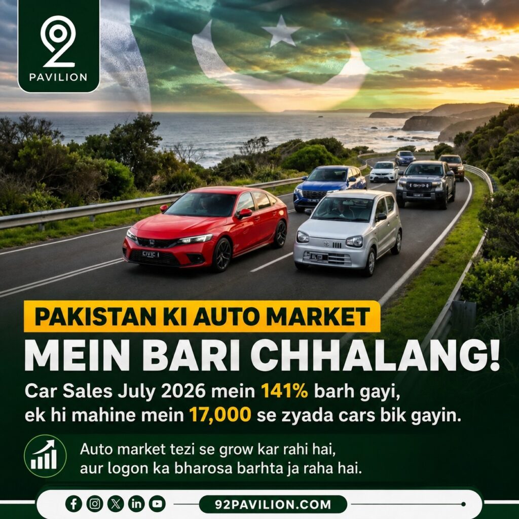 Line of new cars on a Pakistani highway representing the July 2026 auto sales surge