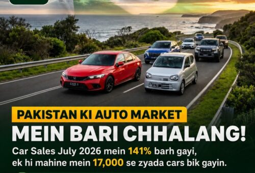 Line of new cars on a Pakistani highway representing the July 2026 auto sales surge