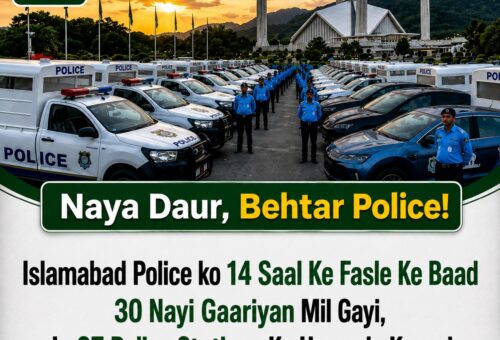 Rows of new Islamabad police vehicles lined up with officers standing beside them near Faisal Mosque