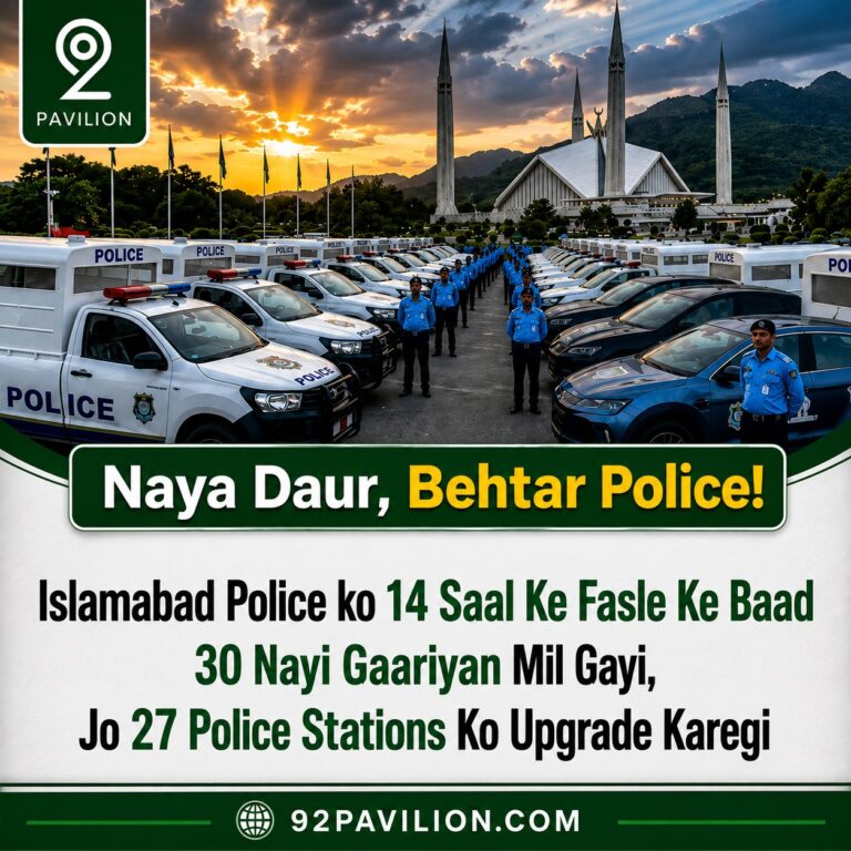 Rows of new Islamabad police vehicles lined up with officers standing beside them near Faisal Mosque