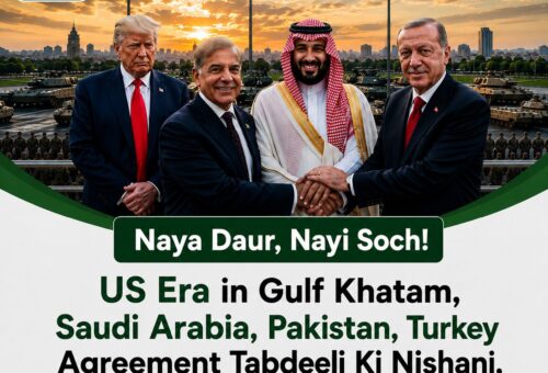 Leaders of Pakistan, Saudi Arabia, Turkey and a US flag symbolising the Mecca Joint Defence Agreement