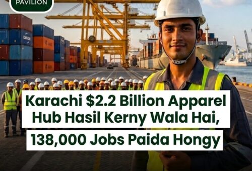 Port worker standing at Port Qasim with shipping containers and cranes representing Karachi's new apparel hub