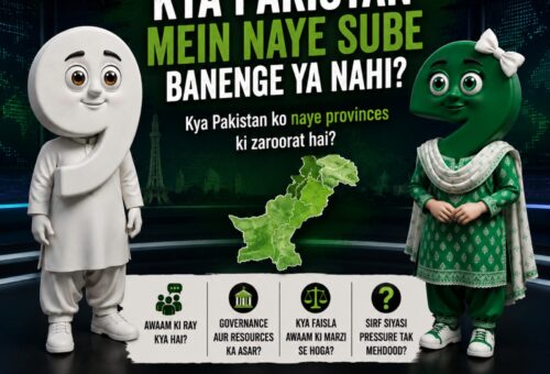 Cartoon mascots standing beside a map of Pakistan asking if new provinces will be created