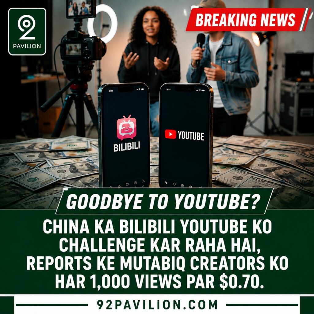 Two smartphones showing the Bilibili and YouTube app logos side by side on a table covered with dollar bills