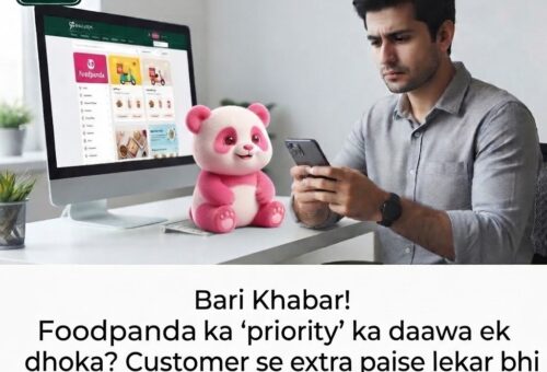 Frustrated customer checking a food delivery app on his phone and computer next to a Foodpanda plush toy
