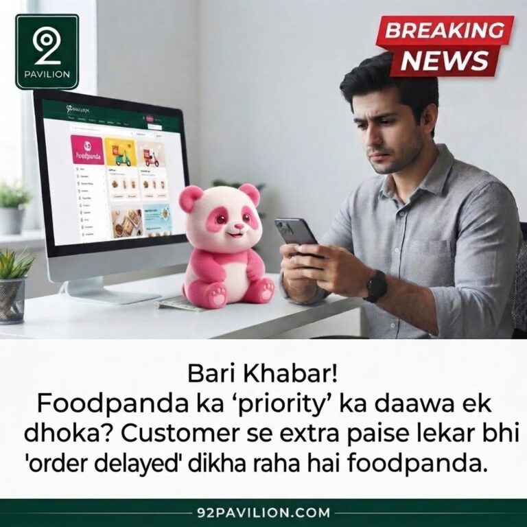 Frustrated customer checking a food delivery app on his phone and computer next to a Foodpanda plush toy