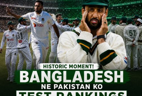 Pakistani cricket captain looking frustrated as Bangladesh players celebrate their historic Test ranking rise