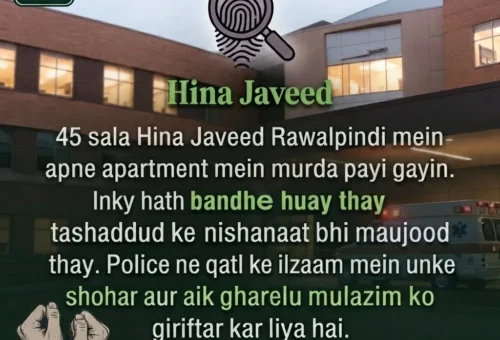 Illustration of a Rawalpindi apartment building with a fingerprint icon and bound hands, representing the Hina Javed murder investigation