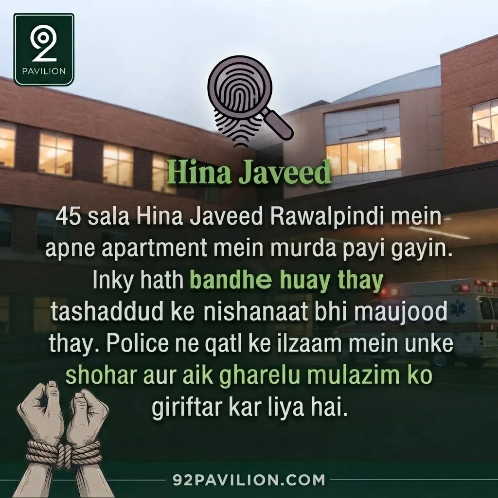 Illustration of a Rawalpindi apartment building with a fingerprint icon and bound hands, representing the Hina Javed murder investigation
