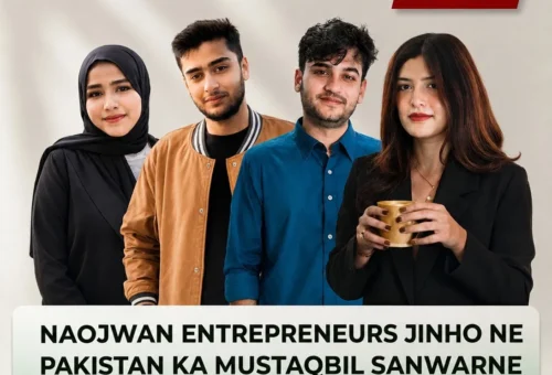 Four young Pakistani professionals posing together, representing the country's rising generation of entrepreneurs and innovators