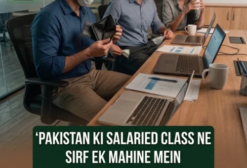 Office workers reviewing finances and an empty wallet, representing Pakistan's salaried class tax burden