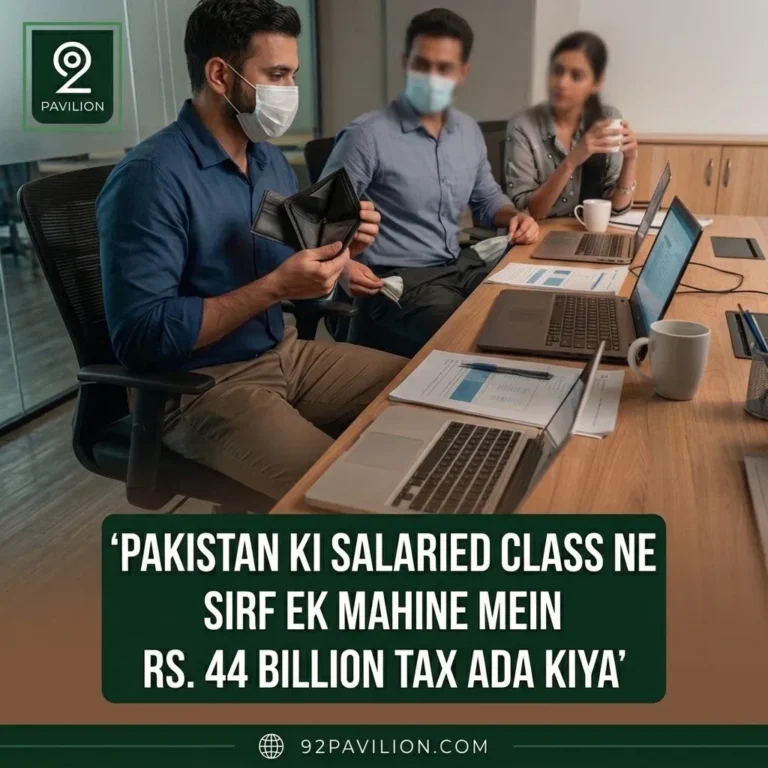 Office workers reviewing finances and an empty wallet, representing Pakistan's salaried class tax burden