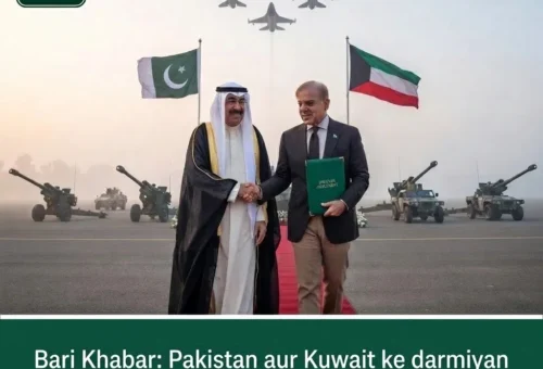 Pakistani and Kuwaiti officials shaking hands with fighter jets flying overhead at a defence agreement signing ceremony