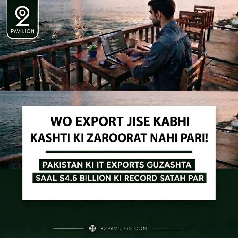 A remote worker using a laptop by the water, representing Pakistan's growing IT export sector