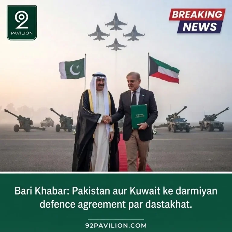 Pakistani and Kuwaiti officials shaking hands with fighter jets flying overhead at a defence agreement signing ceremony