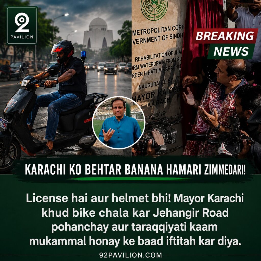Karachi Mayor Murtaza Wahab riding a bike with helmet toward the inauguration of the newly rehabilitated Jahangir Road
