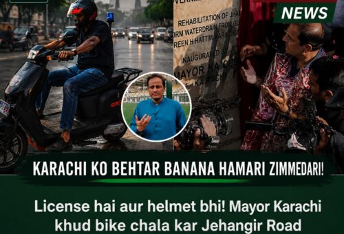 Karachi Mayor Murtaza Wahab riding a bike with helmet toward the inauguration of the newly rehabilitated Jahangir Road