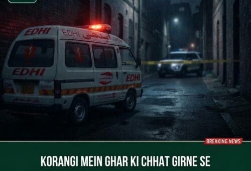 Edhi ambulance and police vehicle at a nighttime accident scene representing a fatal roof collapse in Korangi, Karachi