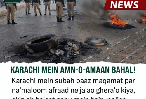 Karachi police officers stand near burnt tyres on a road after JI's September 3 strike as law and order is restored