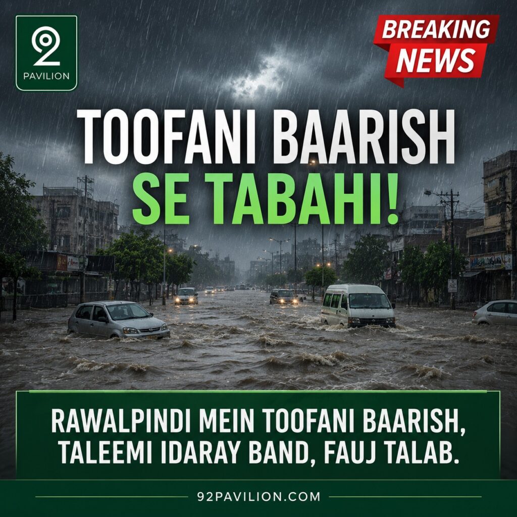 Flooded street in Rawalpindi with rising Nullah Lai water levels during record monsoon rainfall