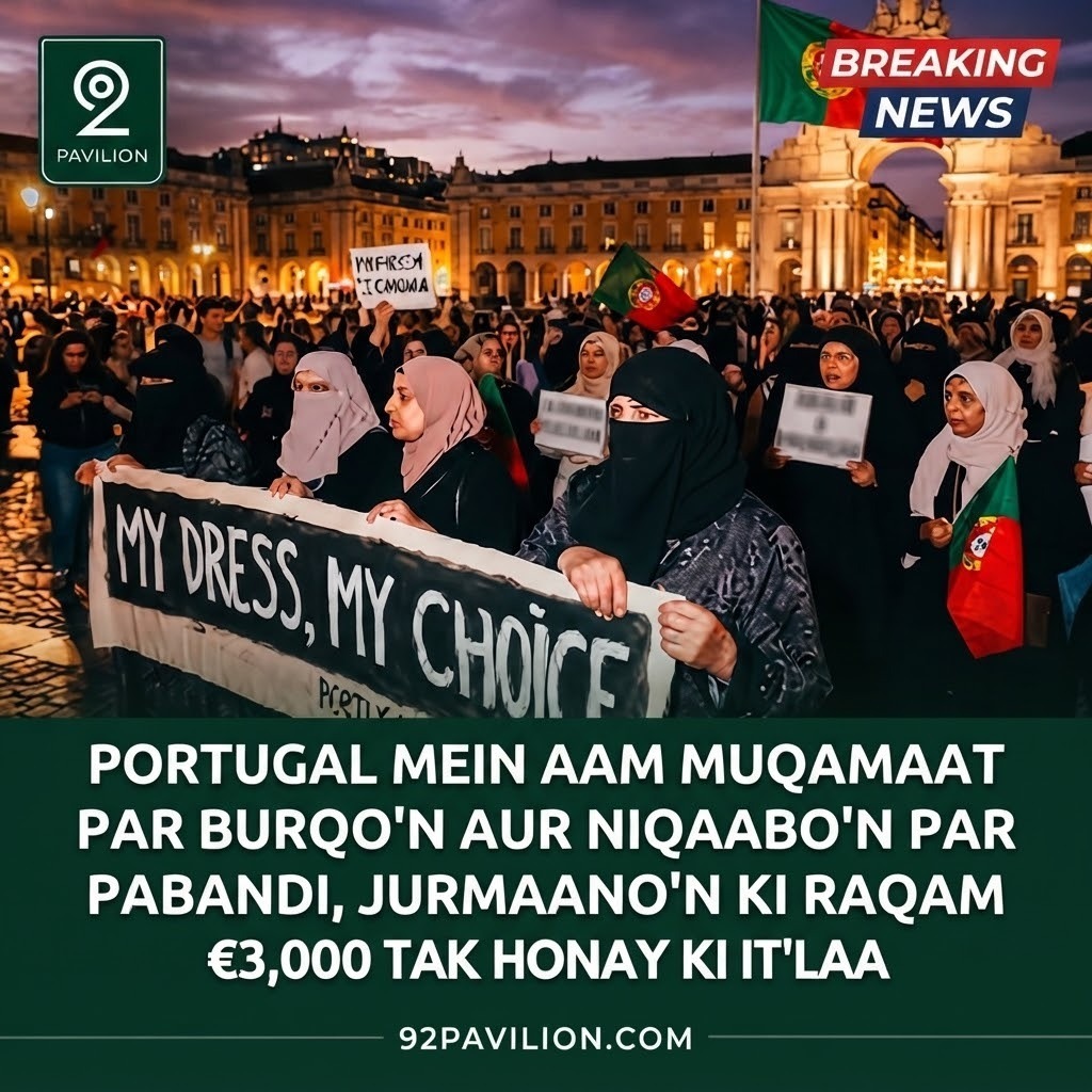 Women in niqabs and hijabs protesting Portugal's new face covering ban with signs reading My Dress My Choice